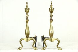 Pair of Brass Traditional Fireplace Andirons, Iron Log Rests
