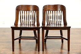 Pair of Oak 1900 Antique Bank or Office Chairs, No Arms