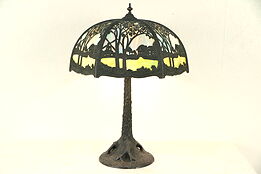 Tree Base Antique Lamp, Stained Glass Tree & Cottage Shade #29718
