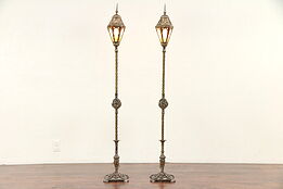 Pair Iron, Brass & Copper Antique Stained Glass Floor Lamps or Lanterns  #29775
