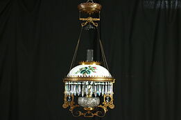 Victorian Antique Hanging Oil or Kerosene Lamp, Hand Painted Rose Glass Shade