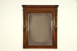 Oak Beveled Antique Belgian Mirror, Carved Lions & Reading Sculptures #30383