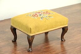 Maple Hand Carved Antique Footstool, Needlepoint #29065