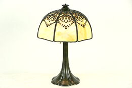 Lamp, 1915 Antique Octagonal Curved Panel Stained Glass Shade