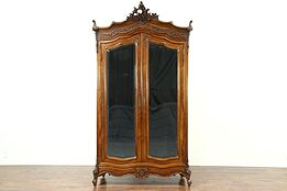 French Antique Carved Walnut Armoire, Beveled Mirror Doors #28804