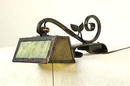 Wrought Iron & Stained Glass Antique Rolltop Desk Lamp or Piano Light #30590