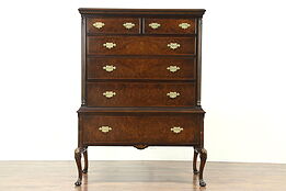 Walnut Antique Tall Chest on Chest or Highboy, Banded Burl Drawers, Signed Tobey