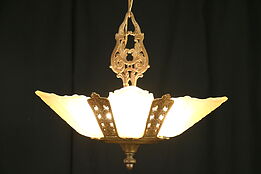 Art Deco 1930 Vintage Light Fixture with 5 Original Etched Glass Shades