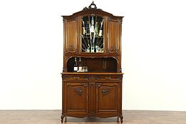 French Walnut Carved Antique Sideboard & China Cabinet, Leaded Beveled Glass