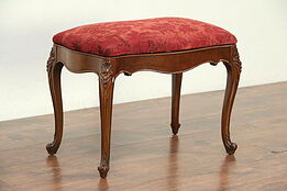 French Style Carved Walnut Vintage Bench, New Upholstery, Mount Airy #29035