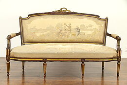 French Antique Carved Chestnut Sofa, Gold Accents, Worn Aubusson Tapestry #31856