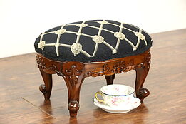 Oval Carved Mahogany Footstool, New Upholstery
