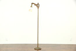 Iron Antique Hand Painted Bridge or Floor Reading Lamp, Reverse Painted Shade