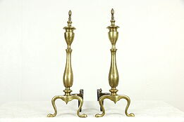 Pair of Brass Traditional Fireplace Andirons, Cast Iron Log Rests