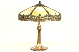 Table Lamp, Rewired 1915 Antique, 8 Panel Stained Glass Shade
