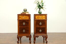Pair of Antique Carved Walnut & Burl Nightstands or End Tables, Holland #31259