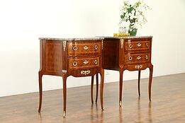 Pair of French Antique Marquetry & Marble Top Nightstands or Lamp Tables #31567