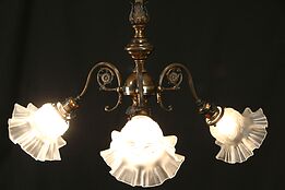 Victorian Antique Copper over Brass Chandelier, 3 Frosted Shades #31799