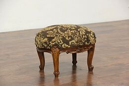 Oval Antique 1900 Carved Footstool, New Upholstery, France