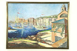 French Harbor Scene with Sailboats, Original Oil Painting Signed Braun
