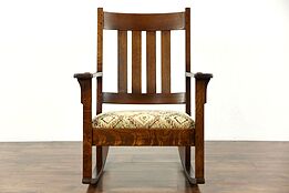 Arts & Crafts Mission Oak 1905 Antique Rocker, New Upholstery, Signed Young NY