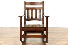 Arts & Crafts Mission Oak Rocking Chair, Craftsman 1905 Antique, Leather Seat