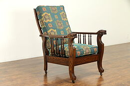 Oak Antique Morris Recliner Chair, Lion Heads, New Upholstery, Royal #31380