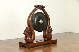 Chinese Antique Bronze Gong, Mahogany Stand, Hand Carved Serpents #31363