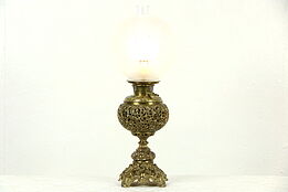 Victorian Antique Brass Filigree Oil Lamp, Pat. 1895, Electrified