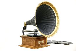 Columbia Graphophone Record Player Oak Tabletop Phonograph & Horn, Pat. 1897