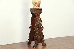 Pine Antique Plant or Sculpture Stand, Hand Carved Heads & Paws, Italy #29094