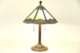 Lamp with Antique Stained Glass & Filigree Shade, Glass Marble Finial #29771