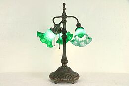 Bronze Vintage Tiffany Design Lamp, 3 Green Glass Shades #30047