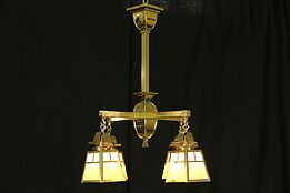 Arts & Crafts 1910 Antique Brass Chandelier, Stained Glass Light Fixture
