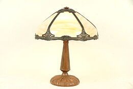 Table Lamp, Antique Stained Glass Curved Panel Shade, Embossed Base #29840