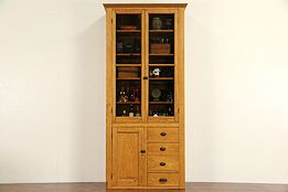Oak 1900 Pantry Cupboard or Country China Cabinet, Wavy Glass Doors