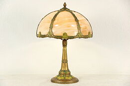 Curved Stained Glass 1915 Antique Lamp, Base with Original Paint