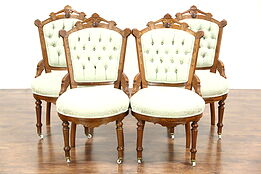 Victorian Eastlake Antique Set of 4 Walnut Game, Breakfast or Parlor Chairs