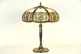 Stained Glass Octagonal Panel Lamp, 1915 Antique Filigree Shade
