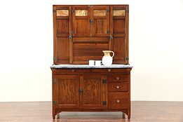 Oak Antique Hoosier Pantry Cupboard, Stained Glass, Roll Top, Sellers IN #29461