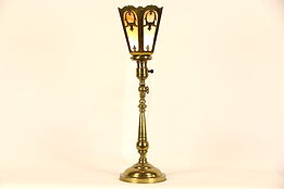 Brass Adjustable 1910 Antique Desk or Table Lamp, Stained Glass Shade