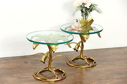 Arthur Court Lilly Table Pair, Gilded Hollywood Regency 1960 Vintage, Glass Tops