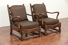 Pair English Tudor Carved Oak Club Chairs, Kittinger, New Upholstery #29750