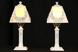 Pair of 1915 Boudoir Lamps, Stained Glass Shades, Gargoyles
