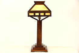 Arts & Crafts Mission Oak 1910 Antique Stained Glass Craftsman Lamp