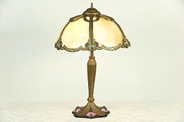 Iron Base Hand Painted Antique Lamp, Curved Stained Glass Panel Shade