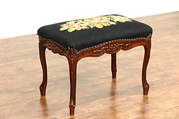 Hand Carved 1920's Stool or Bench, Hand Stitched Needlepoint