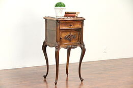 French Carved Walnut 1900 Antique Nightstand, Marble Top, Signed Bastal #24386