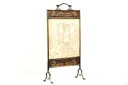 Art Nouveau Antique 1900 Hammered Copper Fireplace Screen with Tapestry
