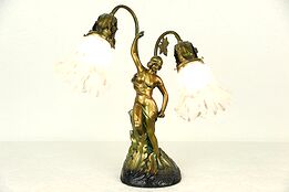 Figural Vintage Lamp with Oak Leaves, Art Glass Shades